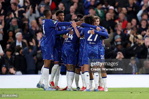 Kiernan Dewsbury-Hall of Chelsea celebrates scoring his team's first goal with teammates during the UEFA Conference League 2024/25 Semi Final Second...
