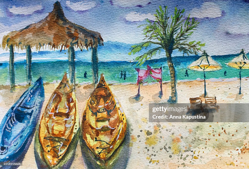 Tropical Beach with Kayaks and Palm Tree