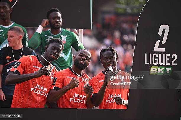 Formose MENDY and Gedeon KALULU of Lorient during the Ligue 2 BKT match between Lorient and Martigues at Stade du Moustoir on May 10, 2025 in...