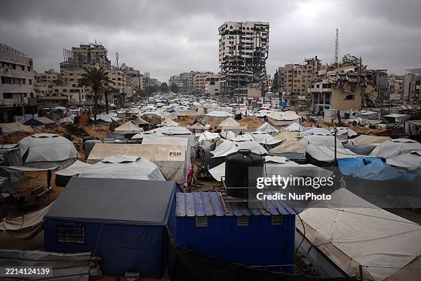 Makeshift tent camp for displaced Palestinians stretches across in Gaza City, on May 12, 2025.