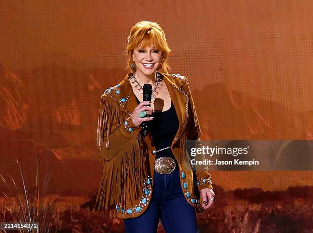 Host Reba McEntire speaks onstage during the 60th Academy of Country Music Awards at The Ford Center at The Star on May 08, 2025 in Frisco, Texas.