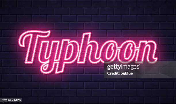 typhoon - glowing neon text on brick wall background - typhoon stock illustrations