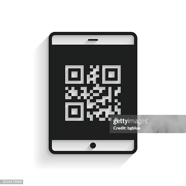 tablet pc with qr code. icon with long shadow on white background - scan qr code stock illustrations