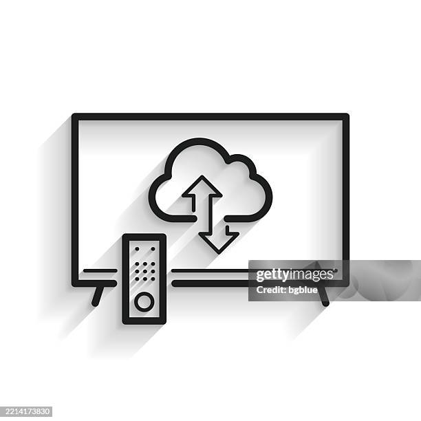 cloud download and upload with tv. line icon with long shadow on white background - remote control white background stock illustrations