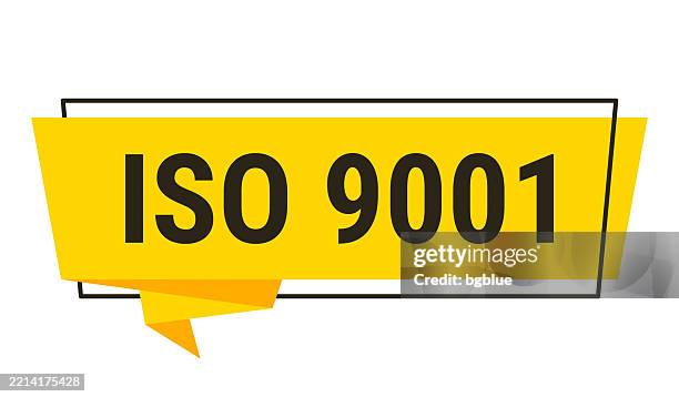 iso 9001 - yellow speech bubble on white background - iso certificate stock illustrations