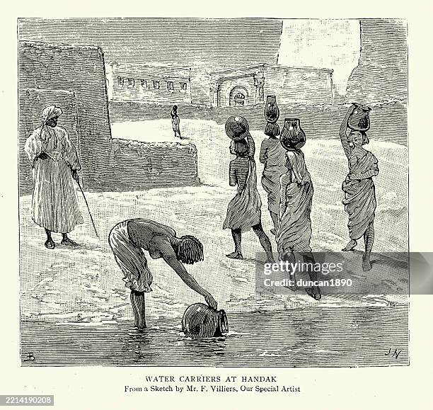women gathering water from the nile river, handak, egypt, 1885, vintage illustration - woman drinking water bottle stock illustrations