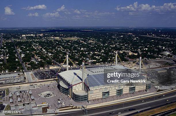 General aerial exterior view of the Alamodome multi-purpose indoor stadium on 8th July 1993 at the Alamodome Stadium in San Antonio, Texas, United...