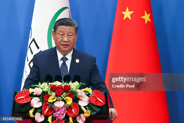 Chinese President Xi Jinping speaks at the opening ceremony of the China-CELAC Forum ministerial meeting at The Great Hall of People on May 13, 2025...