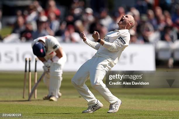 Matt Parkinson of Kent celebrates taking the wicket of Asa Tribe of Glamorgan during Day One of the Rothesay County Championship Division Two match...