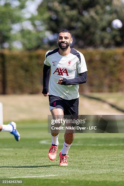 Mohamed Salah of Liverpool during a training session at AXA Training Centre on May 09, 2025 in Kirkby, England.