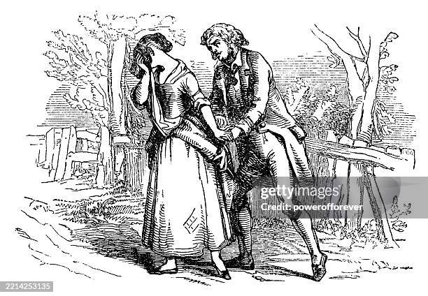 young woman being consoled by her boyfriend - 19th century - woman village sad stock illustrations