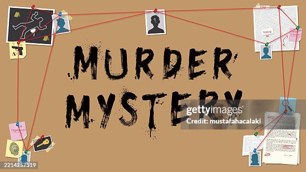 stockillustraties, clipart, cartoons en iconen met grunge murder mystery text with investigation board elements - detective