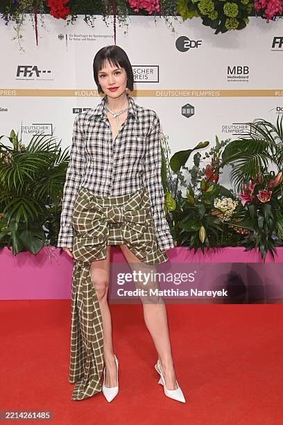 Emilia Schüle arrives for the 75th Lola German Film Award at Theater am Potsdamer Platz on May 09, 2025 in Berlin, Germany.