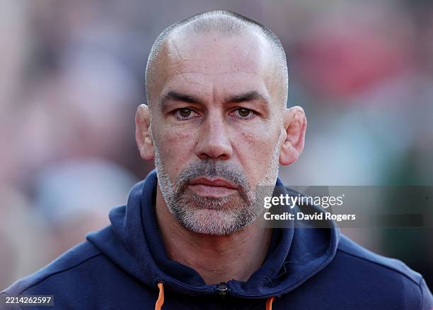 Alex Sanderson, Director of Rugby of Sale Sharks, looks on prior to the Gallagher Premiership Rugby match between Leicester Tigers and Sale Sharks at...