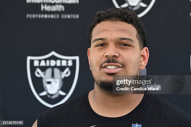 Caleb Rogers of the Las Vegas Raiders speaks to the media after the rookie minicamp at Intermountain Health Performance Center on May 09, 2025 in...