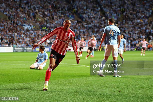 Wilson Isidor of Sunderland celebrates scoring his team's first goal during the Sky Bet Championship Play-Off Semi Final First Leg match between...