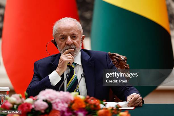 Brazil's President Luiz Inacio Lula da Silva attends a joint press conference with Chinese President Xi Jinping at the Great Hall of the People on...