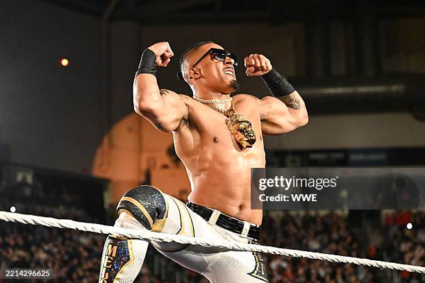 Carmelo Hayes makes his entrance during SmackDown at Nutter Center on May 9, 2025 in Fairborn, Ohio.