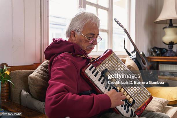 musicista latinoamericano senior che suona la fisarmonica a casa - fisarmonica strumento foto e immagini stock