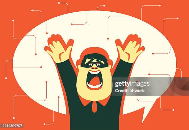 feared hacker surrendering in front of speech bubble - search for missing person stock illustrations