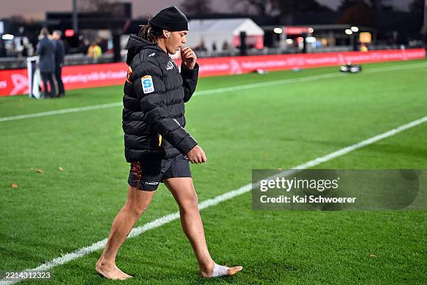Naitoa Ah Kuoi of the Chiefs looks on prior to the round 13 Super Rugby Pacific match between Crusaders and Chiefs at Apollo Projects Stadium, on May...
