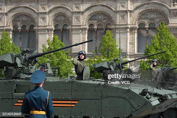 Russian tanks roll on Red Square during the Victory Day military parade, marking the 80th anniversary of the Victory in the Great Patriotic War, on...