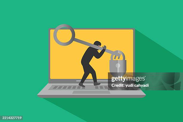cybersecurity concept: hacker unlocking digital security on laptop - people coding on laptops stock illustrations