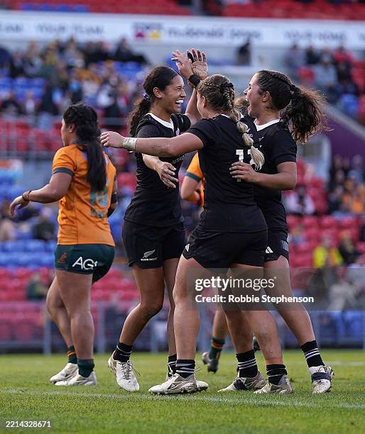 Braxton Sorensen-McGee of the Black Ferns celebrates scoring a try during the Pacific Four Series International Match between Australia Wallaroos and...