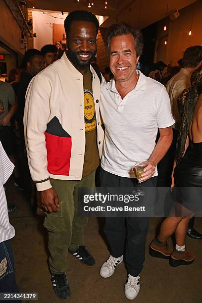 Sope Dirisu and Director Rupert Goold attend the press night after party for "1536" at The Almeida Theatre on May 13, 2025 in London, England.
