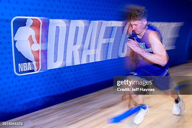 Kasparas Jakucionis participates in the sprint drill during the 2025 NBA Draft Combine on May 13, 2025 at Wintrust Arena in Chicago, Illinois. NOTE...