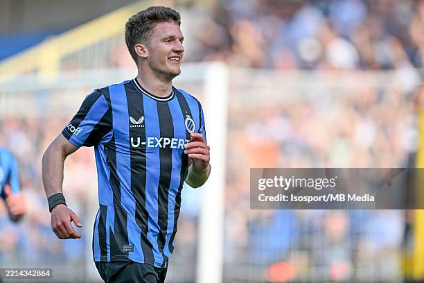 Christos Tzolis of Club Brugge celebrates after scoring the 4-1 goal during the Jupiler Pro League season 2024 - 2025 matchday 7 in the Champions...