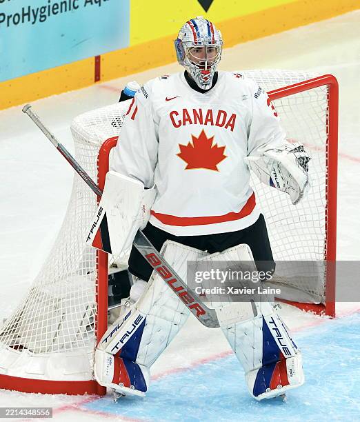 Ibk Ice Dylan Garand of Team Canada reacts during the 2025 Ice Hockey World ...
