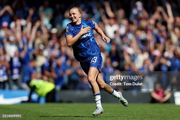 Aggie Beever-Jones of Chelsea celebrates scoring her team's first goal during the Barclays Women's Super League match between Chelsea FC and...