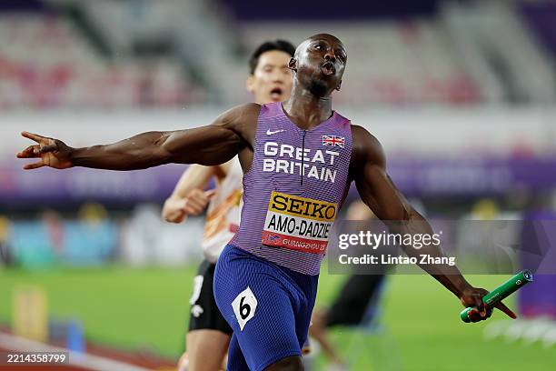 Eugene Amo-Dadzie of Team Great Britain celebrates after crossing the finish line in the Men's 4x100 Metres Relay during day one of the World...