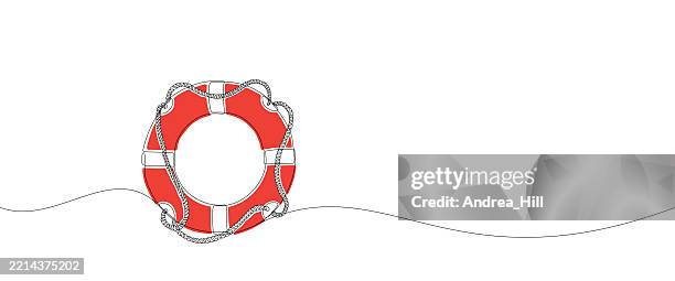 life ring, buoy with rope continuous line drawing banner with editable stroke - life jacket stock illustrations