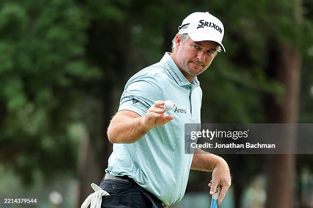 Ryan Fox of New Zealand celebrates a birdie on the first green during the third round of the ONEflight Myrtle Beach Classic 2025 at Dunes Golf &...