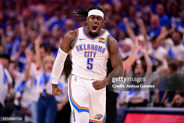 Luguentz Dort of the Oklahoma City Thunder celebrates a basket during the second half of game five of the Western Conference semifinals against the...