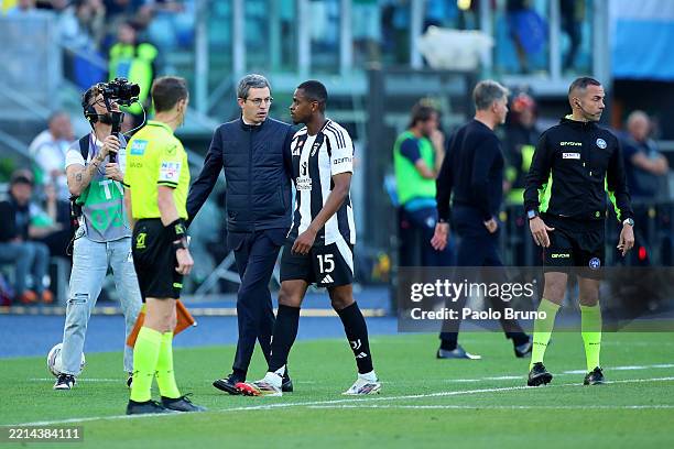 Pierre Kalulu of Juventus leaves the pitch after being shown a red card during the Serie A match between SS Lazio and Juventus at Stadio Olimpico on...