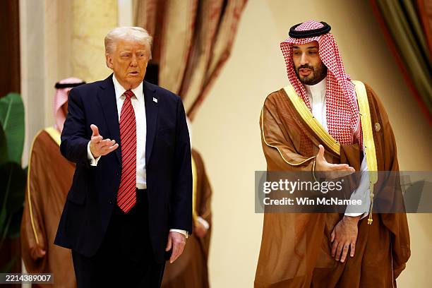 President Donald Trump and Saudi Crown Prince Mohammed bin Salman speak as they arrive during the Gulf Cooperation Council Leaders’ Summit at The...