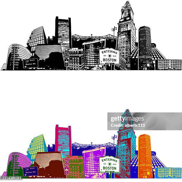 boston, massachusetts: stilisiertes stadtbild - boston stock-grafiken, -clipart, -cartoons und -symbole
