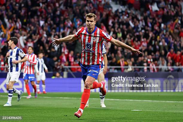 Alexander Sorloth of Atletico de Madrid celebrates scoring his team's first goal during the La Liga EA Sports match between Atletico de Madrid and...