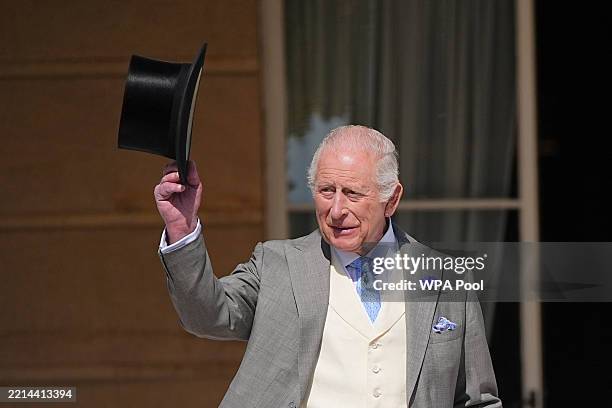King Charles III attending the Education and Skills Garden Party at Buckingham Palace on May 14, 2025 in London, England.