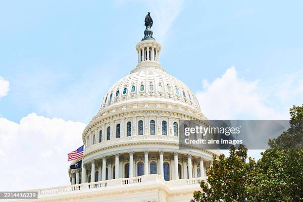 united states capitol building dome with american flag waving - sénat des états unis photos et images de collection