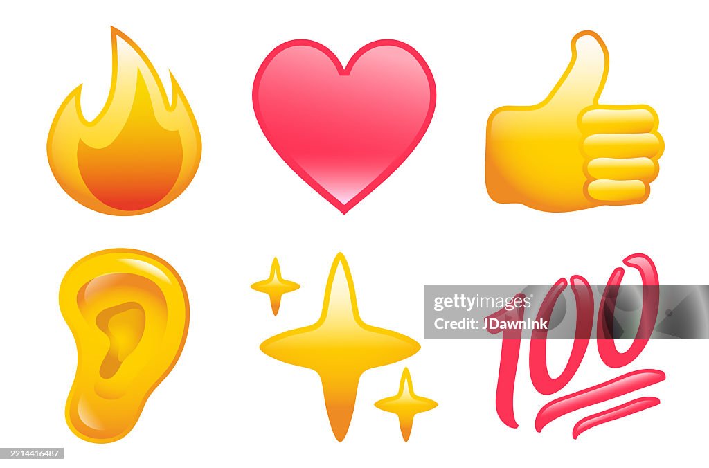Cute social media emoji icon set with fire, heart, thumbs up, human ear, sparkle and one hundred on white background