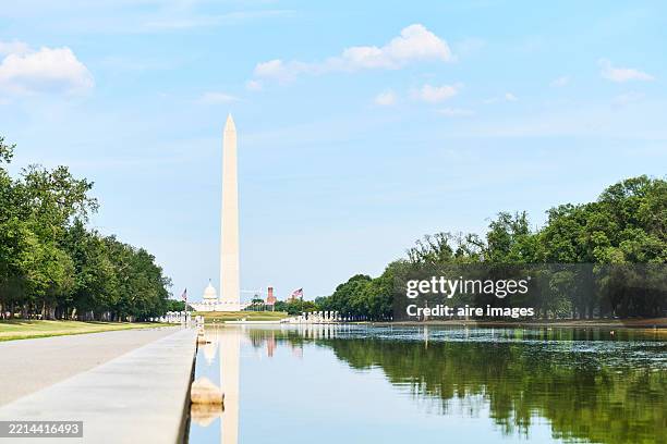 washington monument reflecting in the lincoln memorial reflecting pool - spiegelteich stock-fotos und bilder