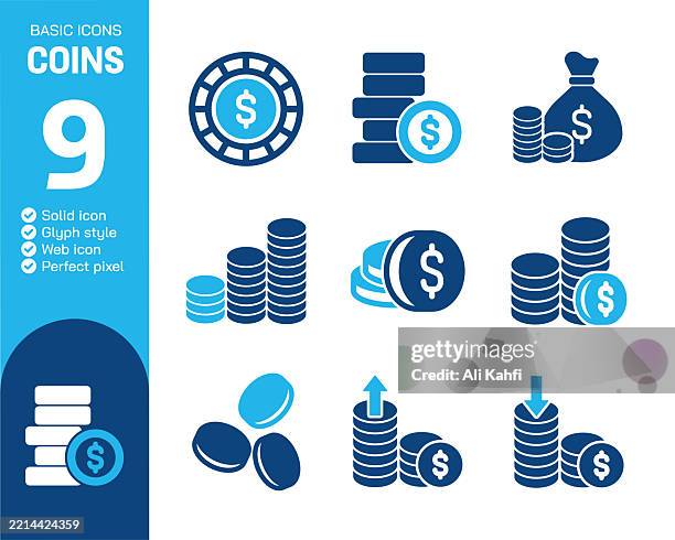 coins glyph solid icons collection. vector illustration. basic icon for website design, logo, app, template, ui, infographic etc - dollar notes stock illustrations