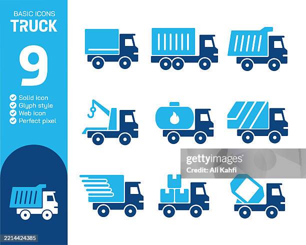 truck glyph solid icons collection. vector illustration. basic icon for website design, logo, app, template, ui, infographic etc - fuel truck delivery stock illustrations