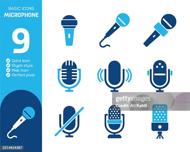 microphone glyph solid icons collection. vector illustration. basic icon for website design, logo, app, template, ui, infographic etc - microphone studio shot stock illustrations