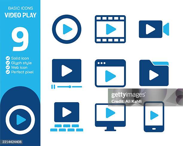 video play glyph solid icons collection. vector illustration. basic icon for website design, logo, app, template, ui, infographic etc - video player interface stock illustrations
