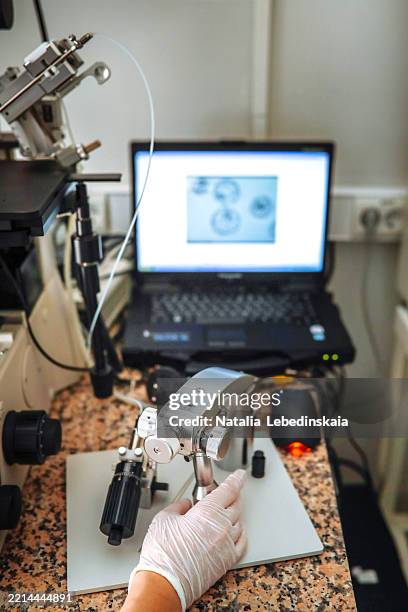 close up hand operates an inverted microscope in real laboratory of the ivf clinic - assisted reproduction and gynaecology centre stock pictures, royalty-free photos & images